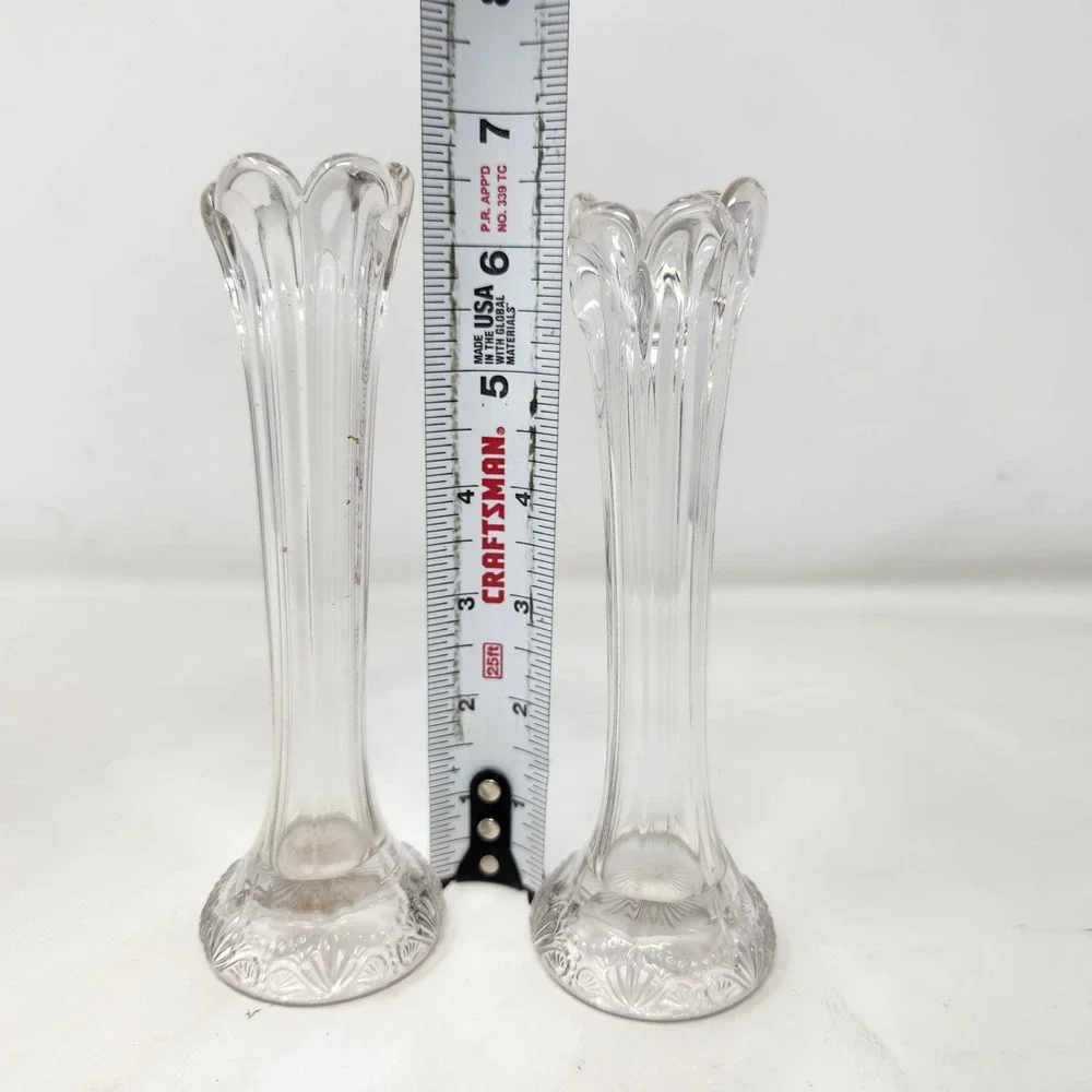 Vintage Clear Pressed Glass Bud Vases Set of 2 Scalloped Rim Ribbed 6.5 Inch